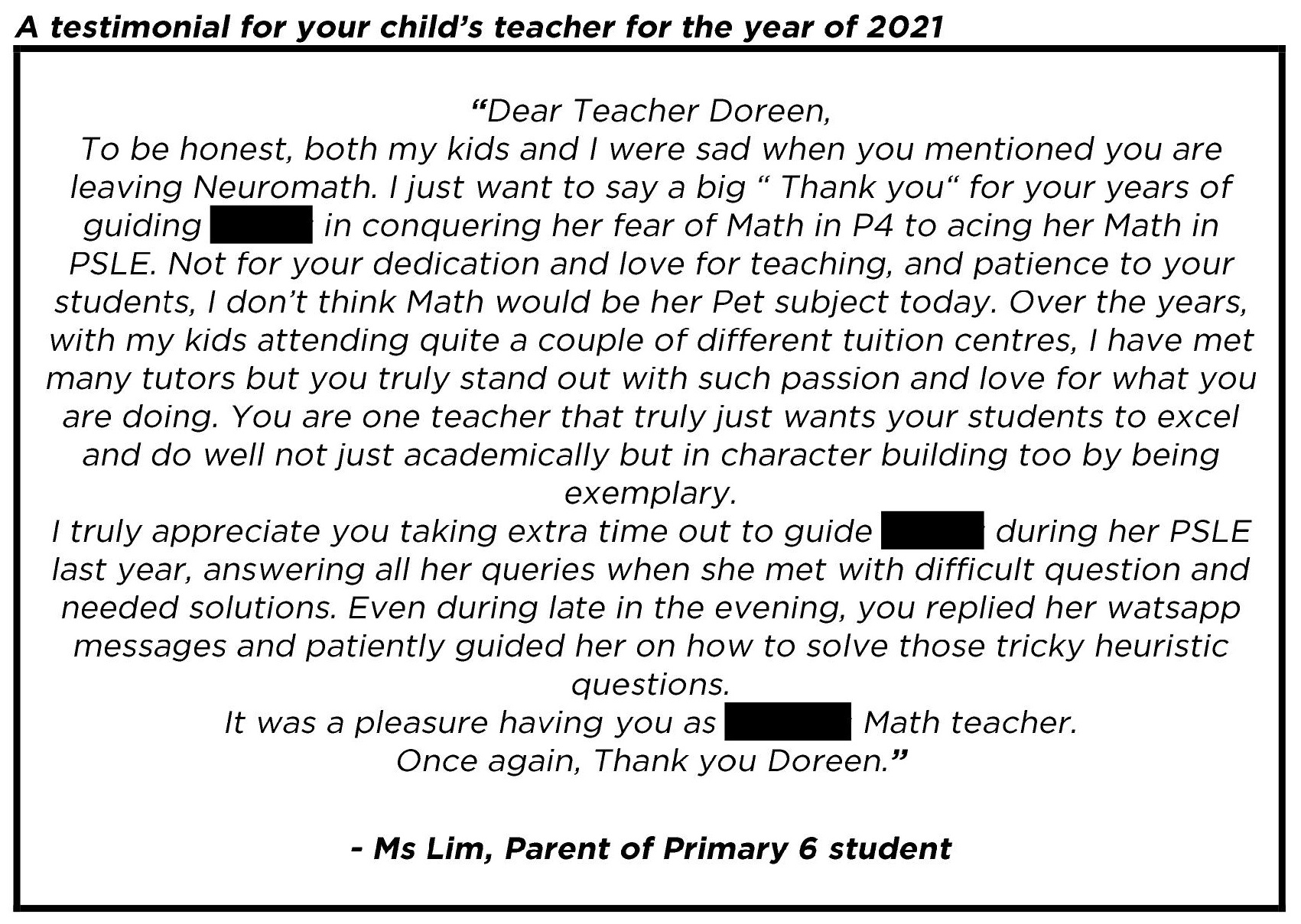 "...conquering her fear of Math in P4 to acing her Math in PSLE."