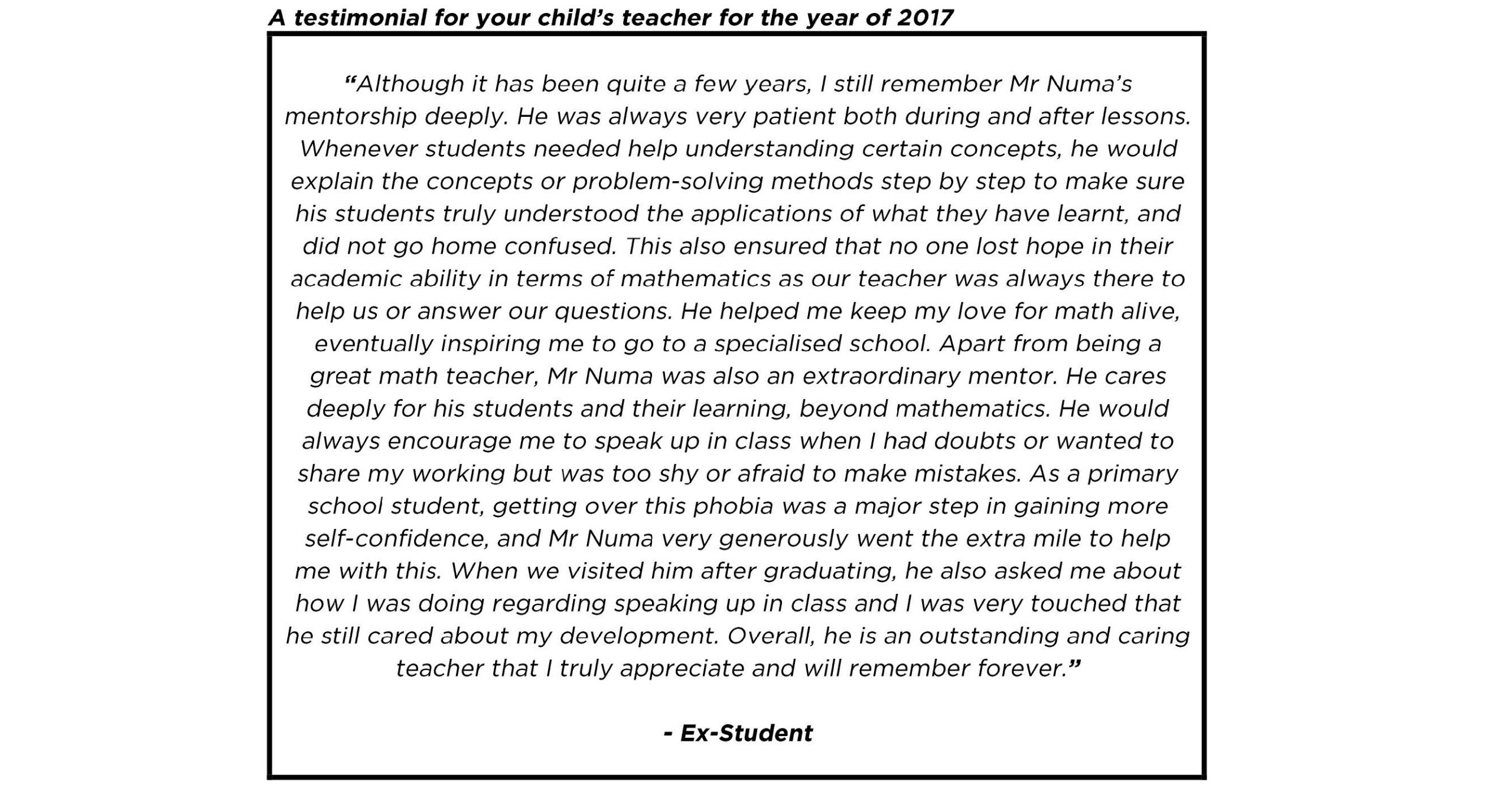 "Mr Numa was also an extraordinary mentor. He cares deeply for his students…"