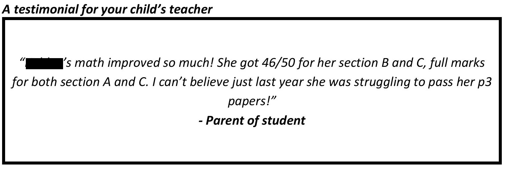 " She got 46/50 for her section B and C, full marks for both section A and C. I can’t believe just last year she was struggling to pass her p3 papers! "