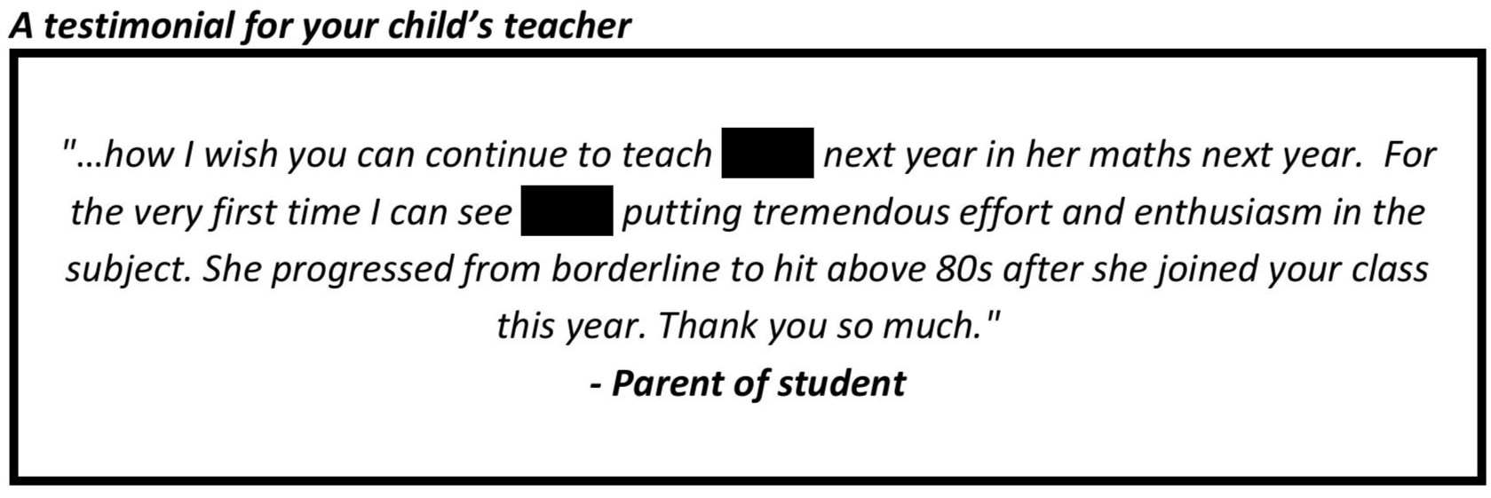 ". . . elevated student’s interests and confidence in Maths with vast improvement in her school results."